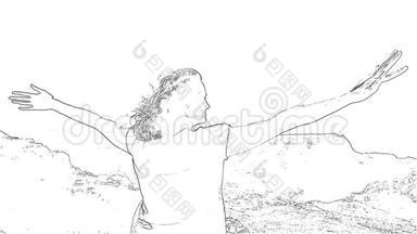 站在山中央的女人举起双手，<strong>励志漫画</strong>